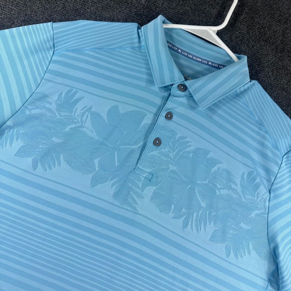 Tommy Bahama Polo Shirt Mens L Large Blue IslandZone Floral Striped Short Sleeve